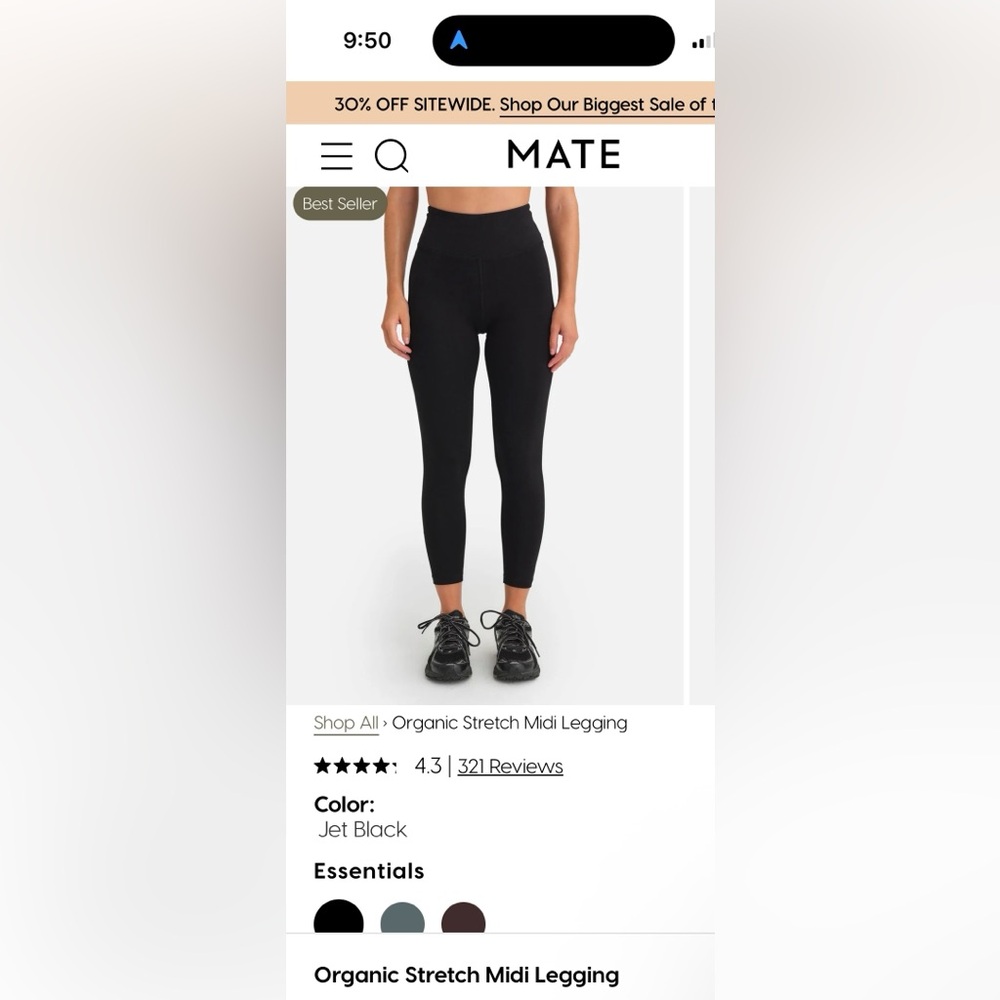 Mate The Label Organic Stretch Midi Leggings in Jet Black size Small